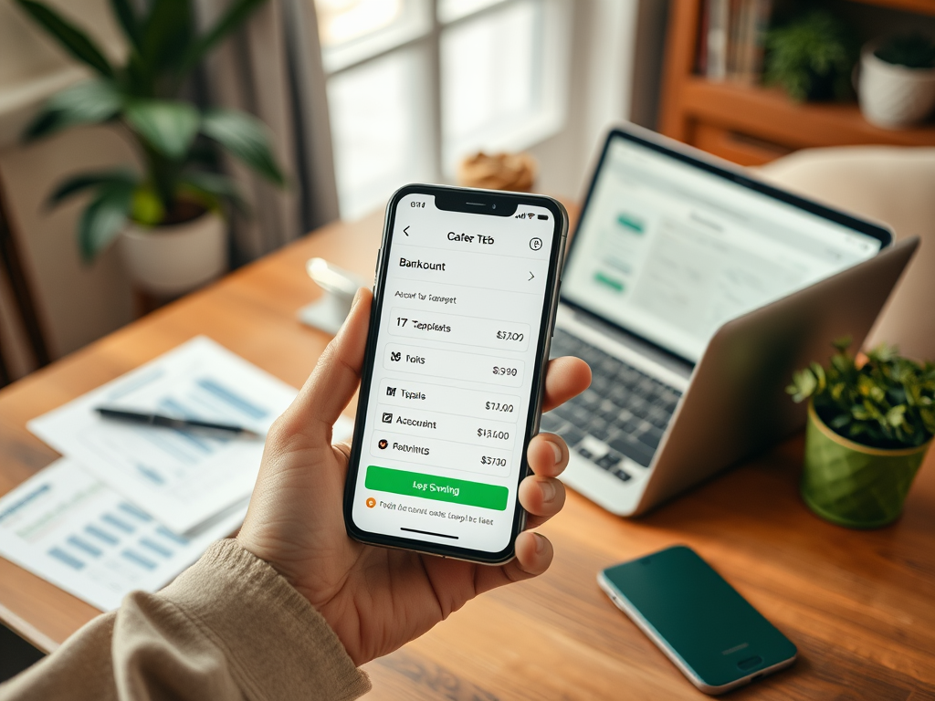 На изображении человек держит смартфон с финансовым приложением, на заднем плане виден ноутбук и растения.